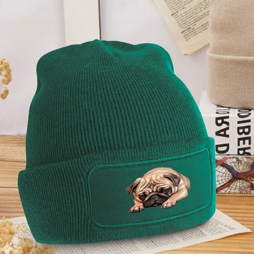 Cute sad pug dog - sad, beanie